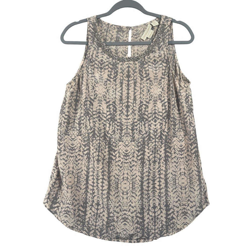Cynthia Rowley Silk Beaded Tank‎ Top Sleeveless Blouse Gray Pattern Medium